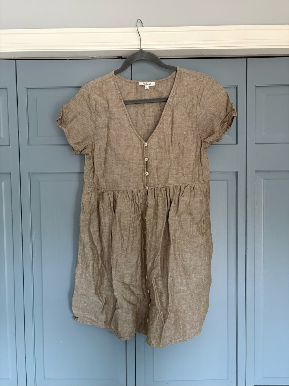 Madewell Linen V-Neck Shift Dress in Light Taupe